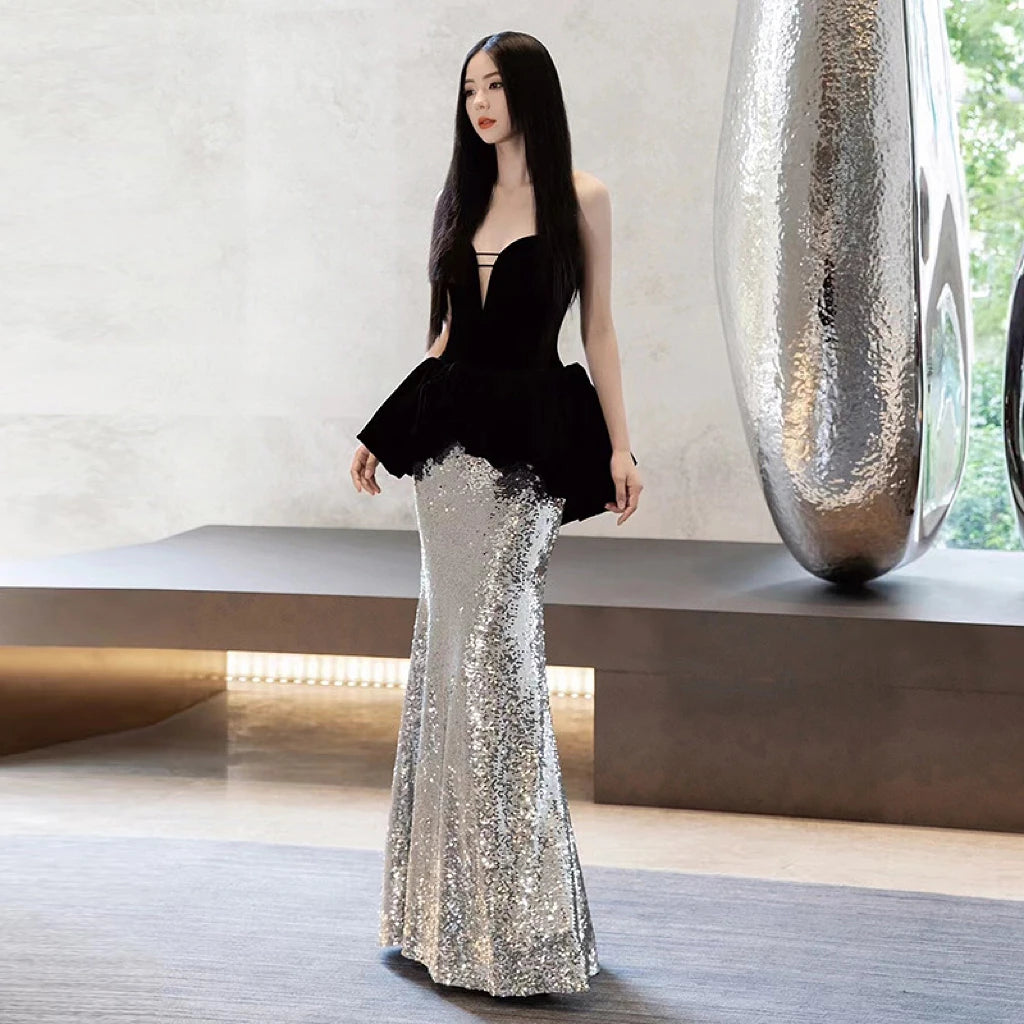 Elegant Black V Neck Satin Sequin Mermaid Party Dress Birthday Prom Gown