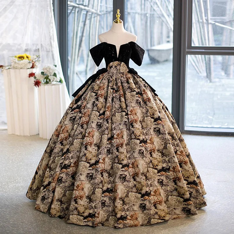 TrustlindaStore Luxurious Velvet Bodice Floral Print Ball Gown Dress