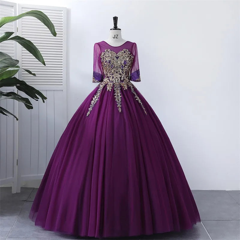 Elegant Purple Ball Gown With Gold Embroidery Applique on Luulla