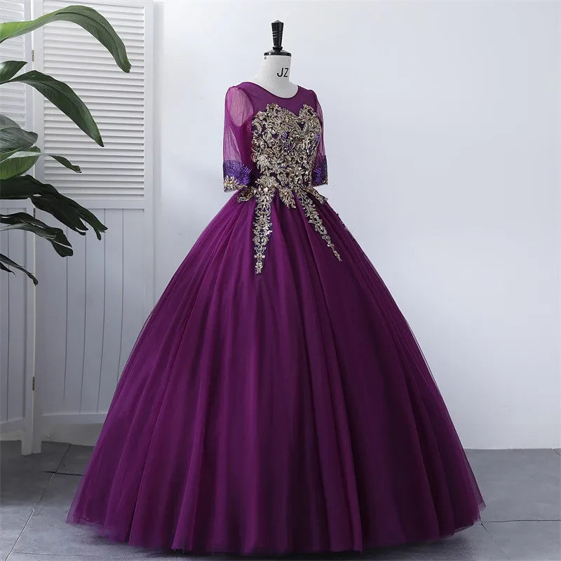 Elegant Purple Ball Gown With Gold Embroidery Applique on Luulla