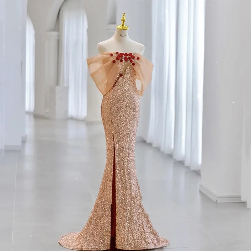 Elegant Sequined Mermaid Gown With Beaded Shoulder Detail