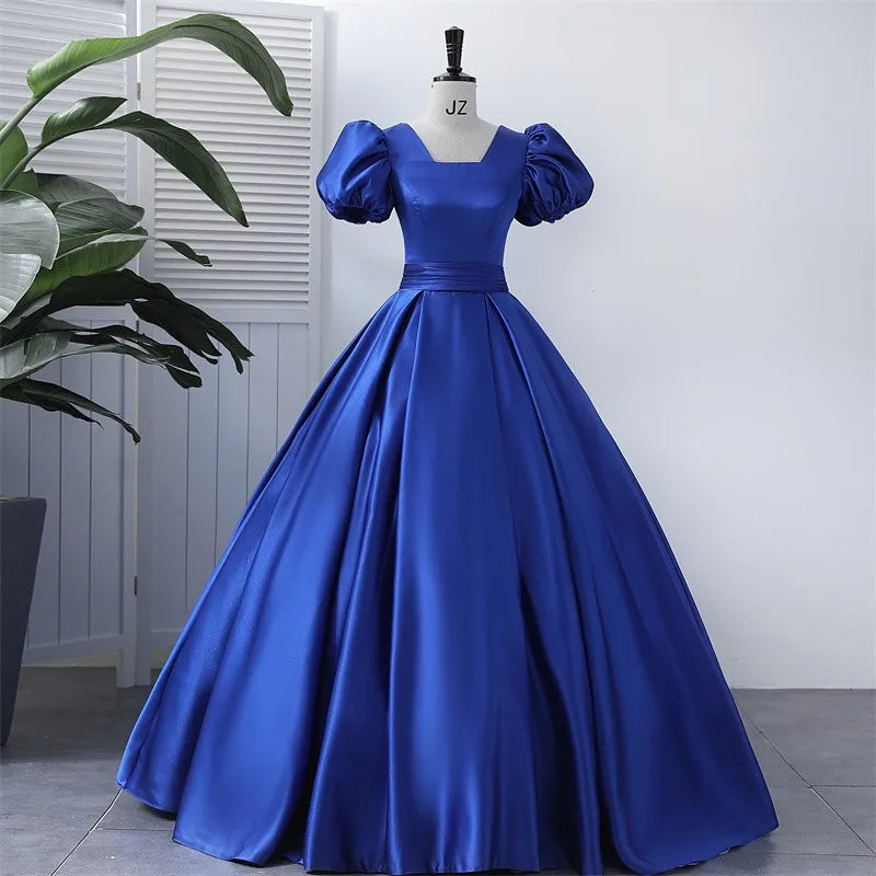 Elegant Royal Blue Satin Ball Gown With Puff Sleeves