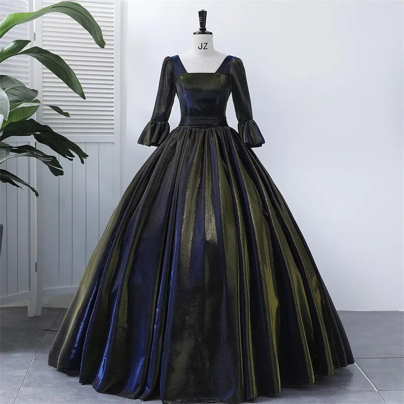 Elegant Long-sleeve Satin Ball Gown With Puff Sleeves