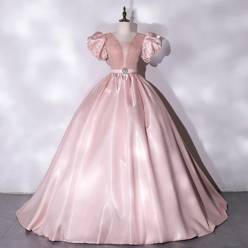 pink satin puff sleeve dress Elegant Pink Satin Puff Sleeve Ball Gown Dress