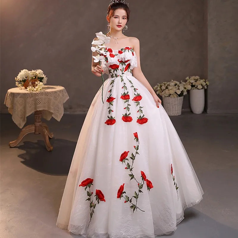 white wedding dress with red embroidery Red and White Wedding Dresses High Neck Cap Sleeves Lace Applique Bridal  Gowns