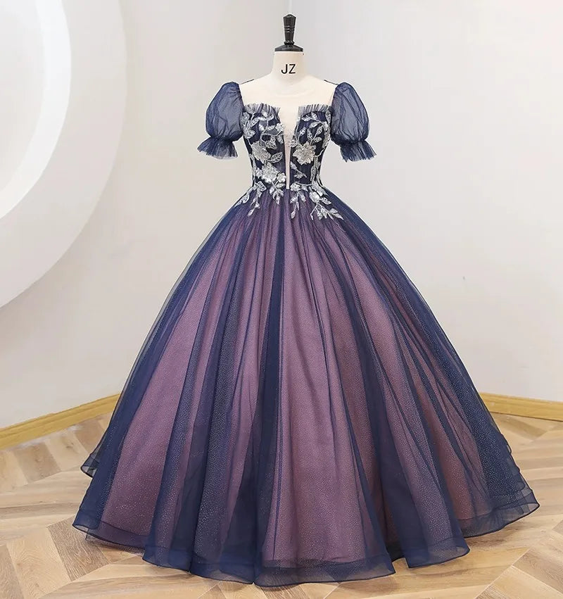 Elegant Navy Blue Embroidered Ball Gown With Sleeves