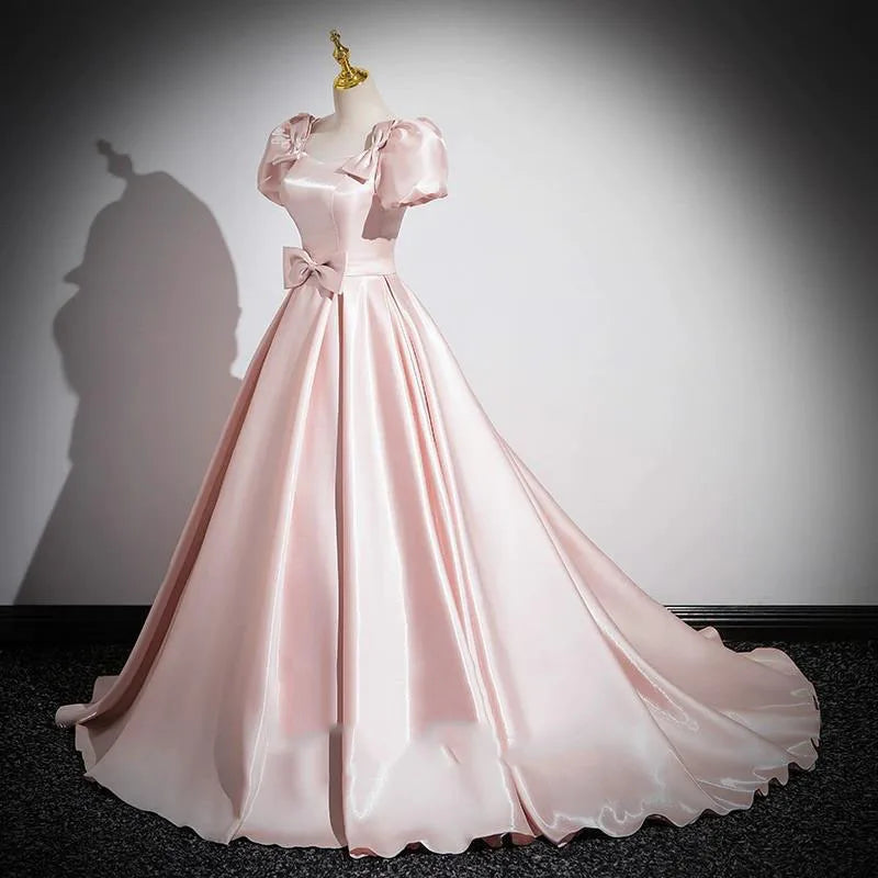 Elegant Satin Blush Pink Evening Gown With Bow on Luulla