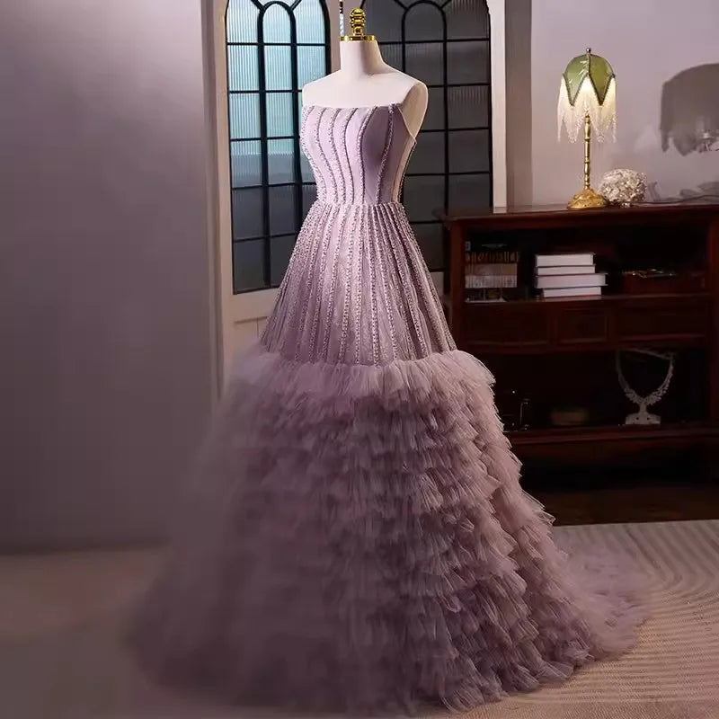 Charming Strapless Burgundy Tulle Ball Gown With Hand Flowers Y1218