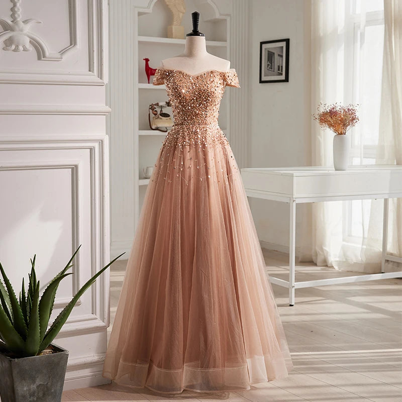 Elegant Off-shoulder Sequined Tulle Evening Gown Dress