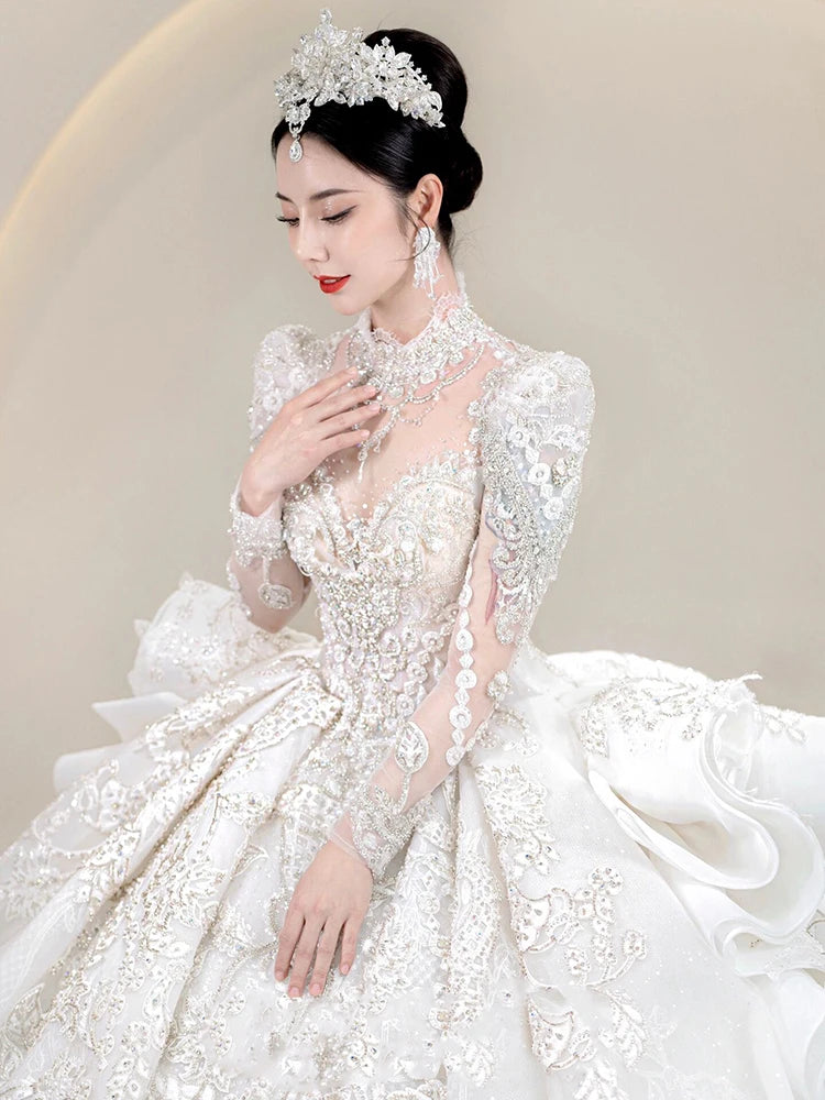 Luxurious Beaded Long-sleeve Bridal Gown With Train on Luulla