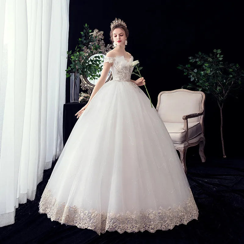 Elegant Off-shoulder Lace Bridal Gown With Train on Luulla