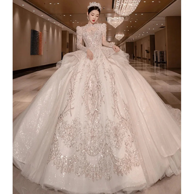 knee length dresses for ladies Royal Lace High Neck Long Sleeve Crepe Wedding Gown main image 0