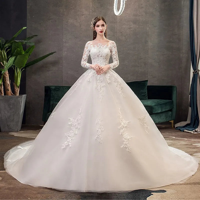Elegant Long-sleeve Lace Applique Bridal Ball Gown