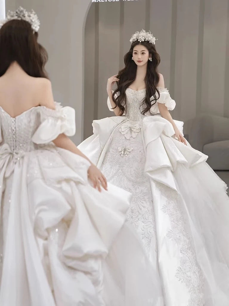 Elegant Off-the-Shoulder Colorful Sequin Bridal Gown with Full-Length Flowing Skirt