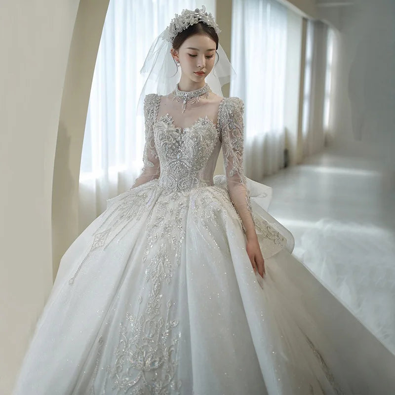 fitted lace wedding dress Luxury Turtle Neck Crystal Wedding Gown with Long Sheer Sleeve 40