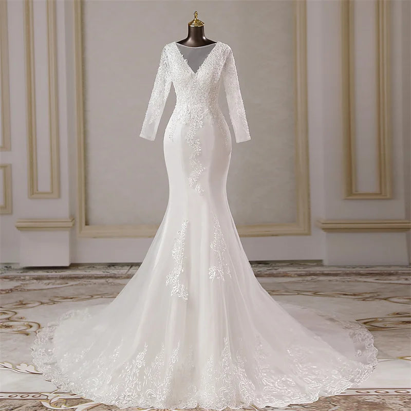 Elegant V-neck Lace Mermaid Bridal Gown With Sleeves