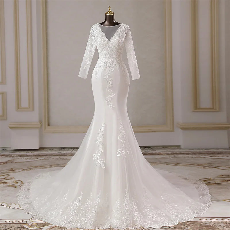 Elegant V-neck Lace Mermaid Bridal Gown With Sleeves on Luulla