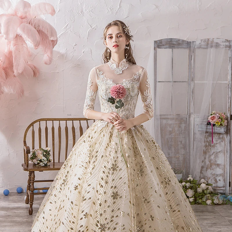 Elegant Floral Embroidered Ball Gown With Long Sleeves on Luulla
