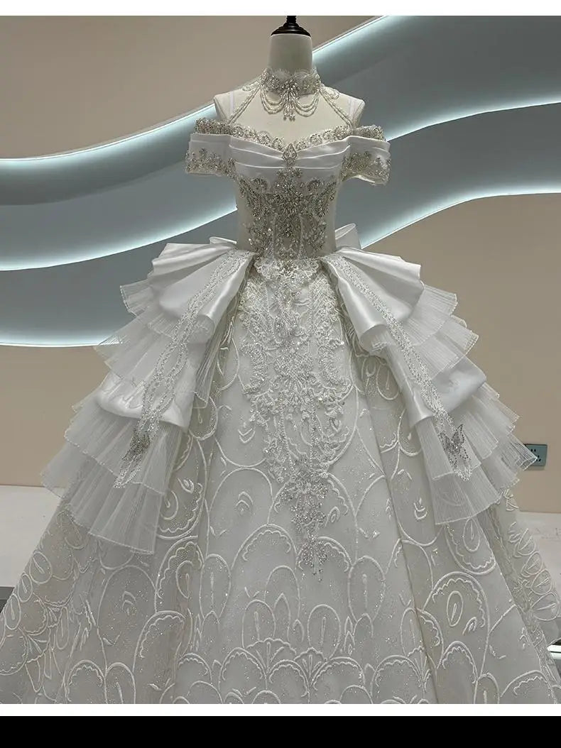Shiny Vintage Wedding Dresses Off Shoulder with Crystal Bead main image 0