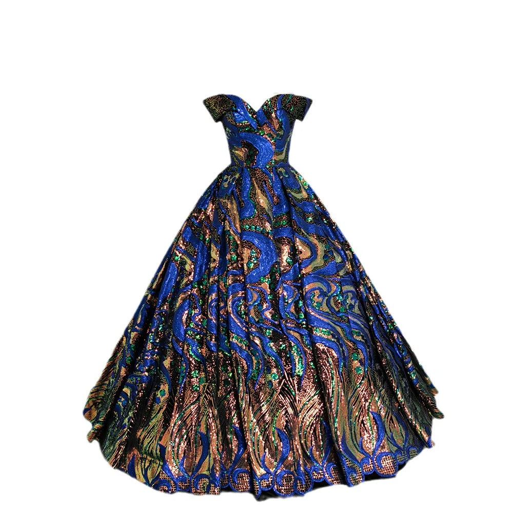Luxurious Off-shoulder Sequin Peacock Pattern Ball Gown on Luulla