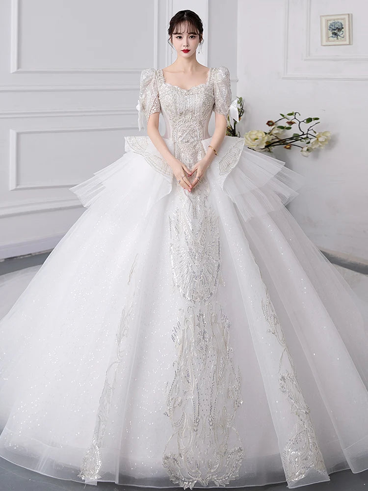 Elegant Beaded Puff Sleeve Princess Wedding Gown