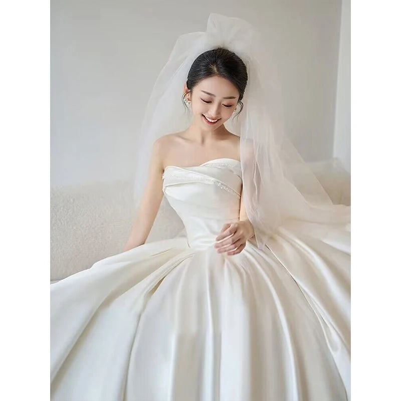 a-line lace wedding dress Strapless Satin Wedding Dresses Side Split A Line Bridal Gowns DW529 –  TANYA BRIDAL main image 0