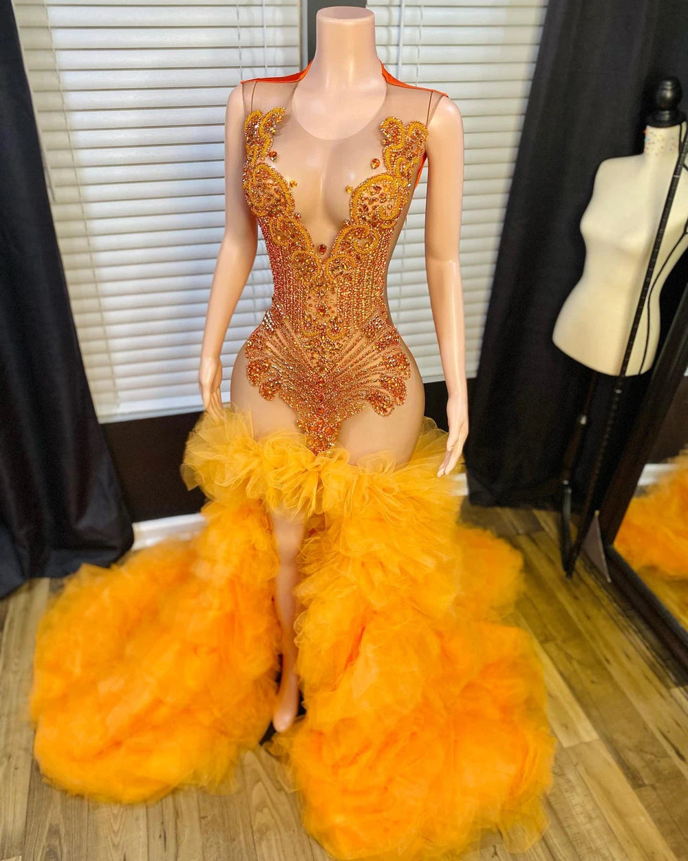 Luxury Crystal Embellished Bodysuit With Fluffy Tulle Train on Luulla