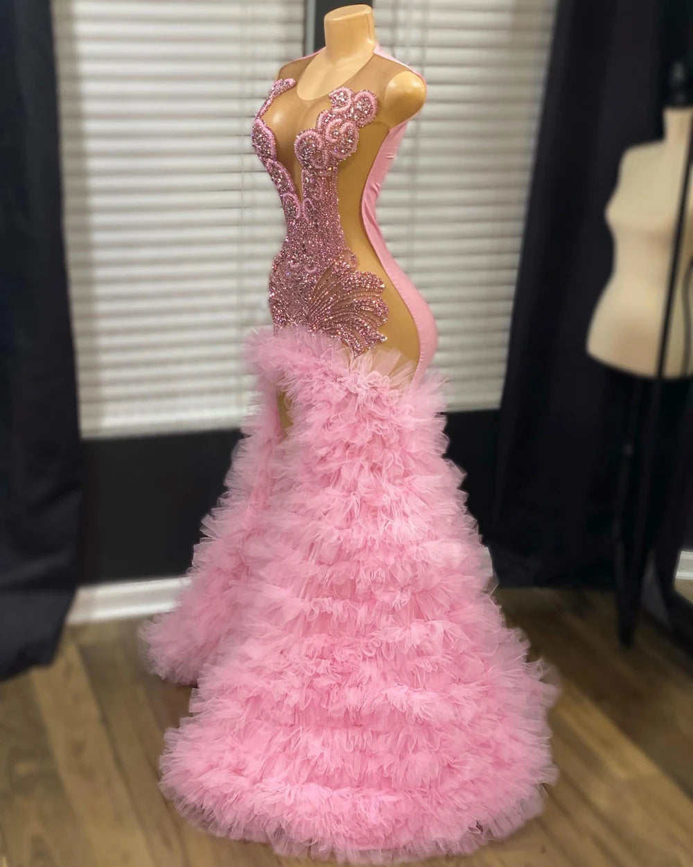 Pink Feathered Sequin Mermaid Evening Gown Dress