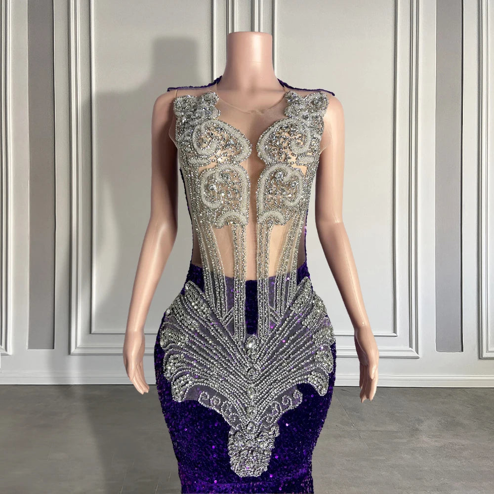 Luxurious Beaded Purple Evening Gown With Sheer Panels
