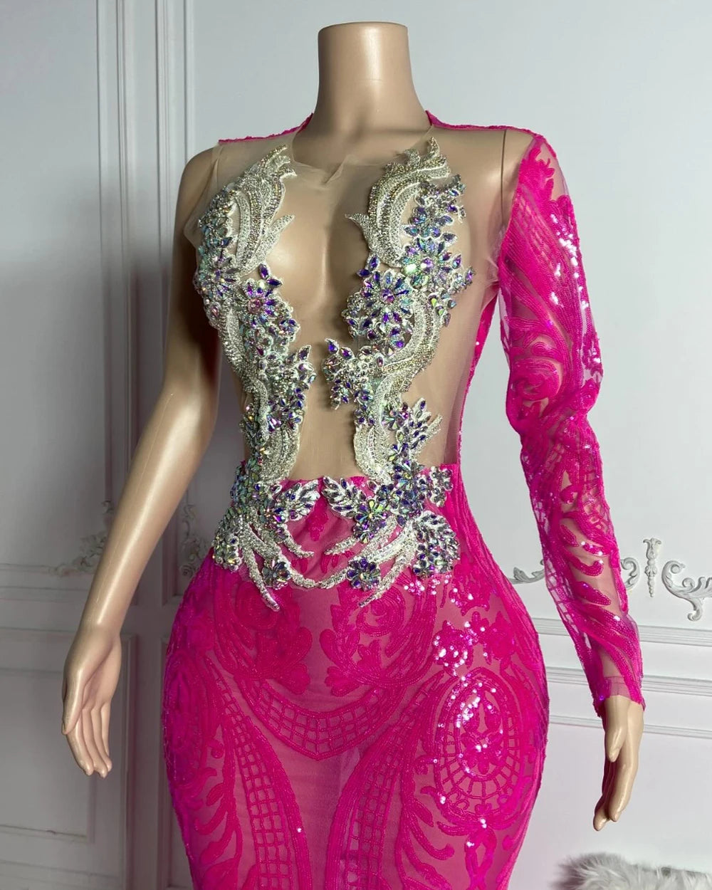 Elegant Long-sleeve Pink Sequin Embellished Bodysuit