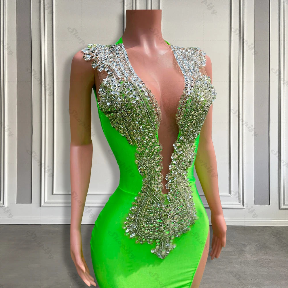 green emerald velvet dress Tea Length Half Sleeves Green Prom Dress Short Party Dress PSK362 US2 / Green