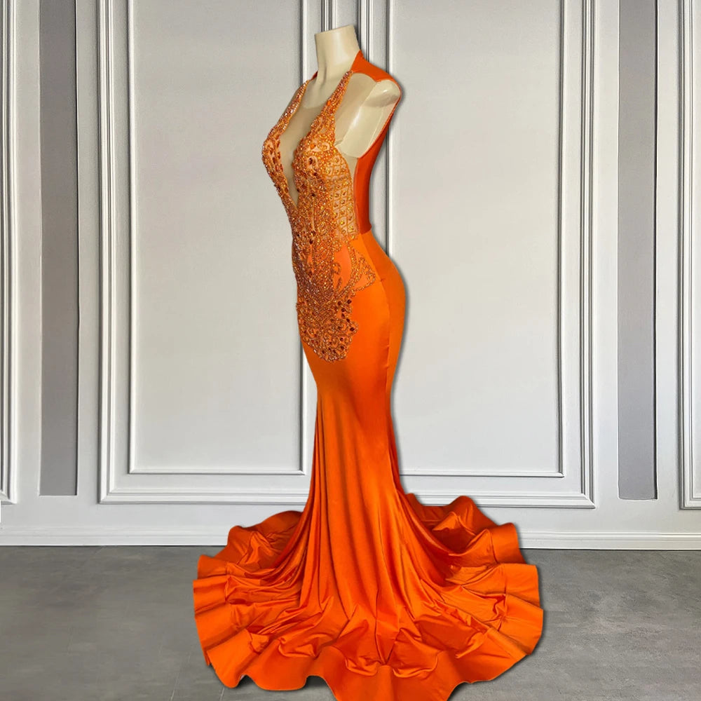 orange beaded dress Orange Beaded Mermaid V Neck Long Prom Dresses lpk807