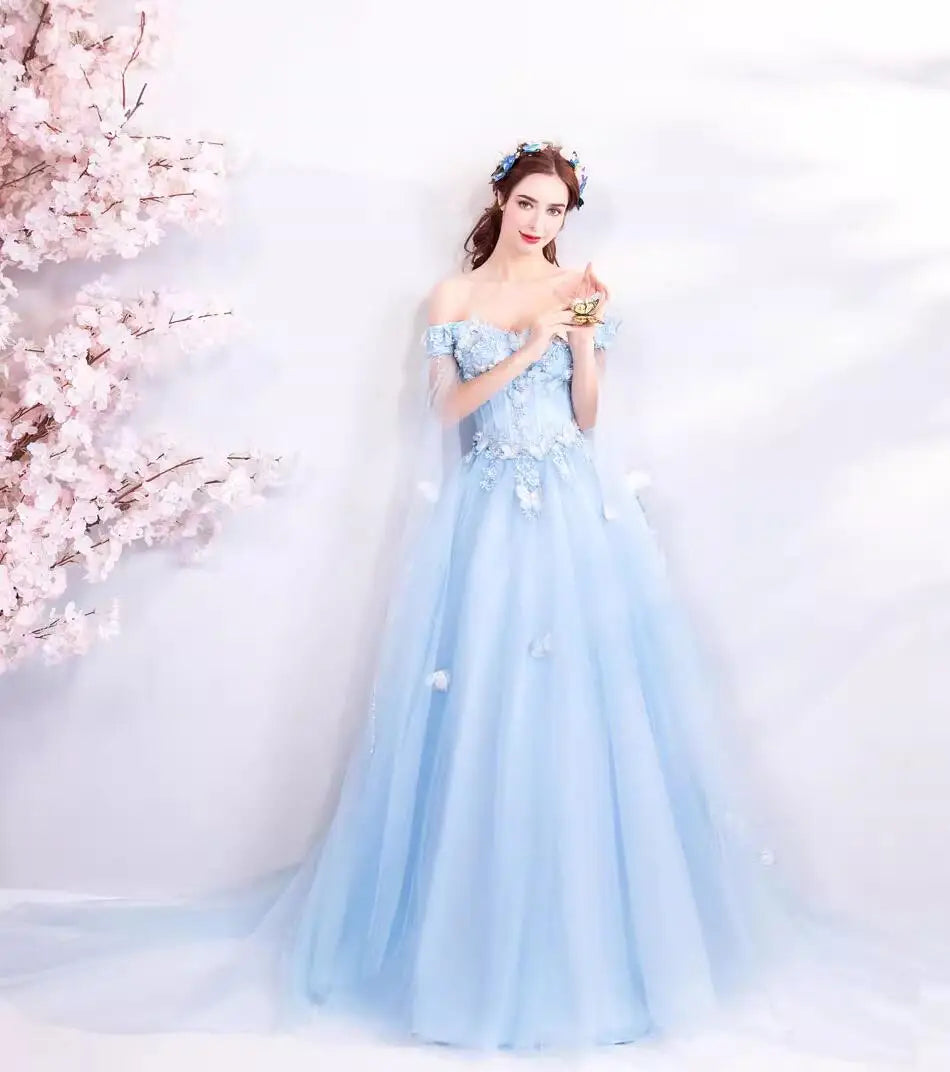 Elegant Off-Shoulder Blue Tulle Floral Evening Gown