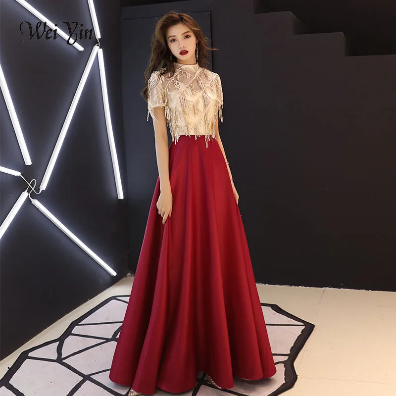 Elegant Beaded Top Satin Skirt Evening Gown Red