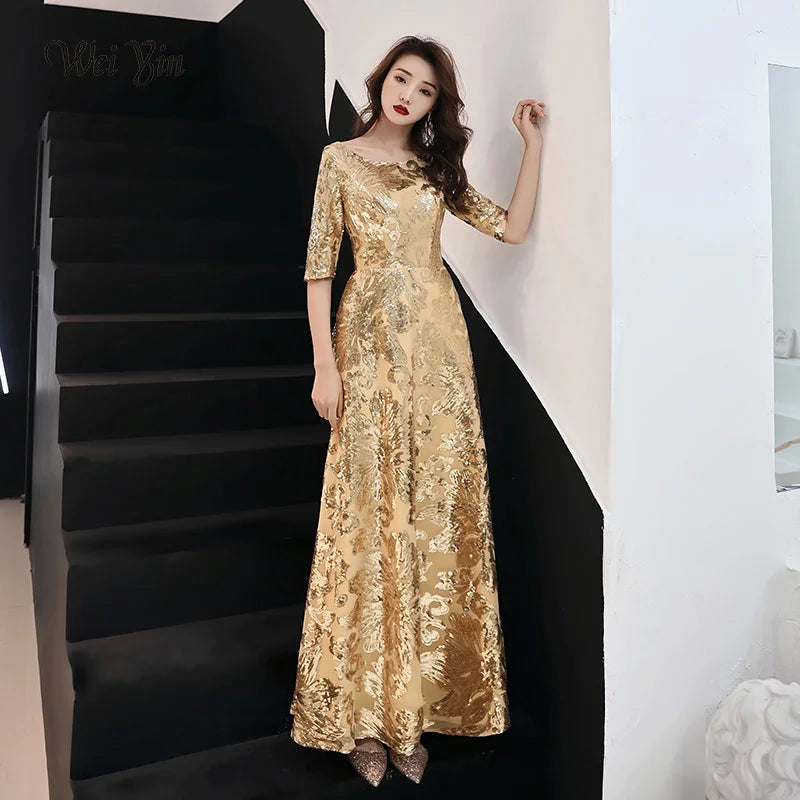 Elegant Golden Floral Embroidered Evening Gown Dress on Luulla