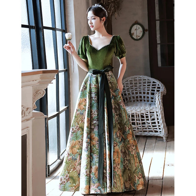 Elegant Floral Print Gown With Puff Sleeves And Sash on Luulla