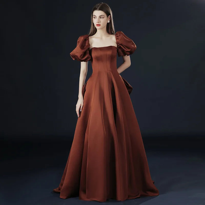 red carpet semi formal dresses Rust Red Cold Sleeves Pleated Long Bridesmaid Dress with Slit – FancyVestido main image 1
