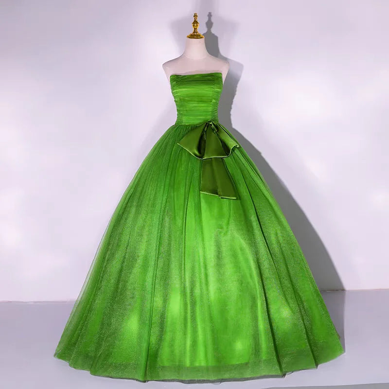 Elegant Strapless Emerald Green Satin Ball Gown With Bow on Luulla