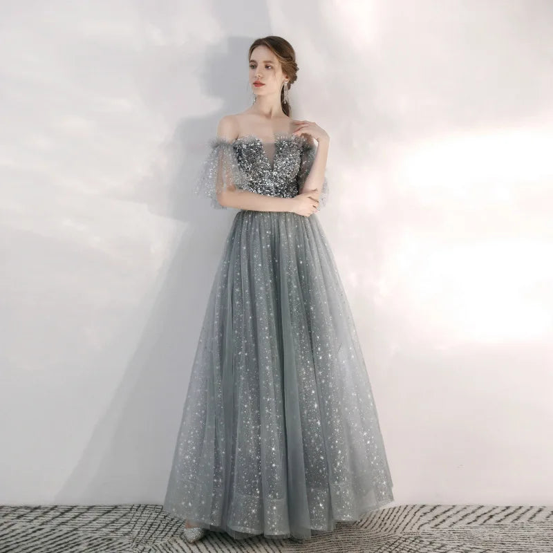 Elegant Off-shoulder Sequin Tulle Evening Gown Dress