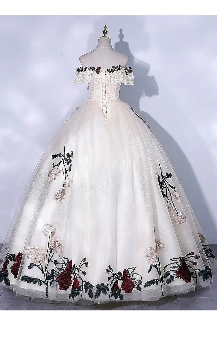 Elegant Off-shoulder Floral Embroidered Ball Gown Dress on Luulla