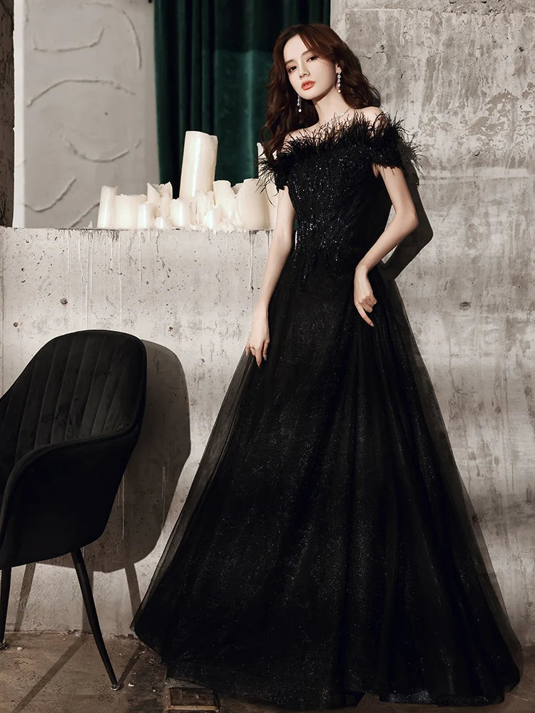 Off-Shoulder Plain Feather Accent A-Line Evening Gown