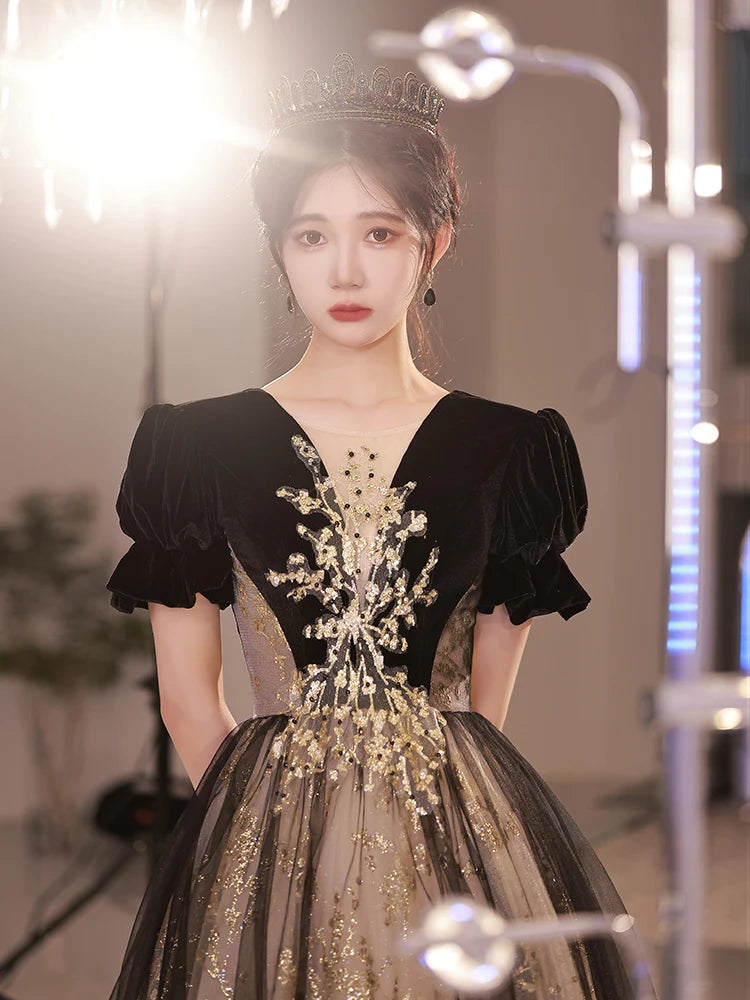 Elegant Black Velvet And Gold Sequin Evening Gown