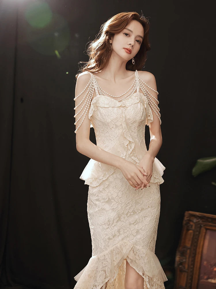 Elegant Pearl-strap Lace Mermaid Evening Gown Dress