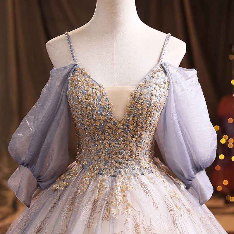 Elegant Floral Embroidered Ball Gown With Puff Sleeves on Luulla
