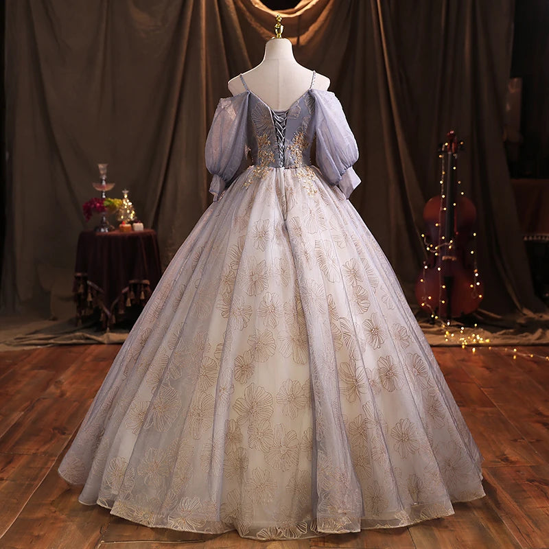 Elegant Floral Embroidered Ball Gown With Puff Sleeves on Luulla