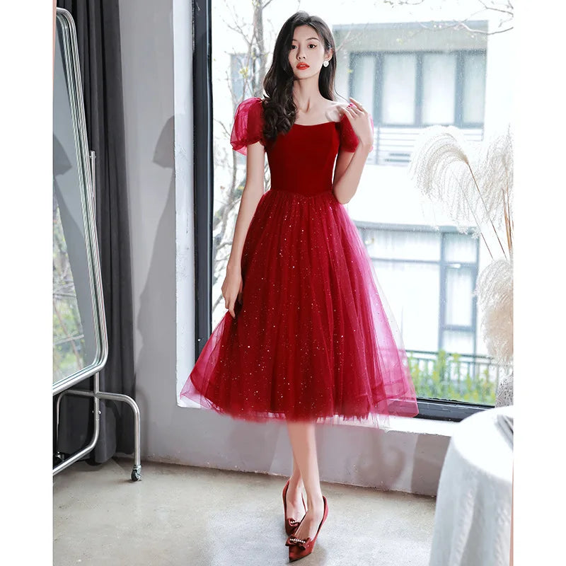 TrustlindaStore Elegant Red Tulle Midi Dress with Puff Sleeves