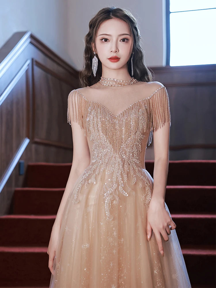 Elegant Beaded Tassel Evening Gown With Sheer Overlay
