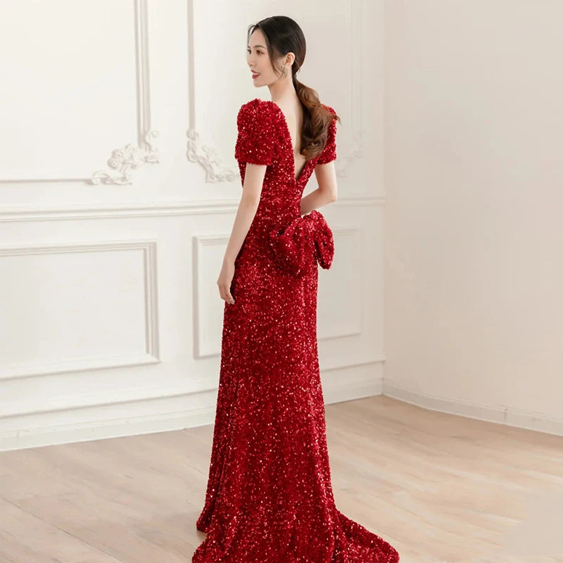 Elegant Red Sequin Evening Gown With Bow Detail on Luulla