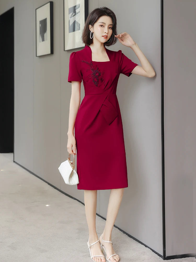 Burgundy knee length dress best sale