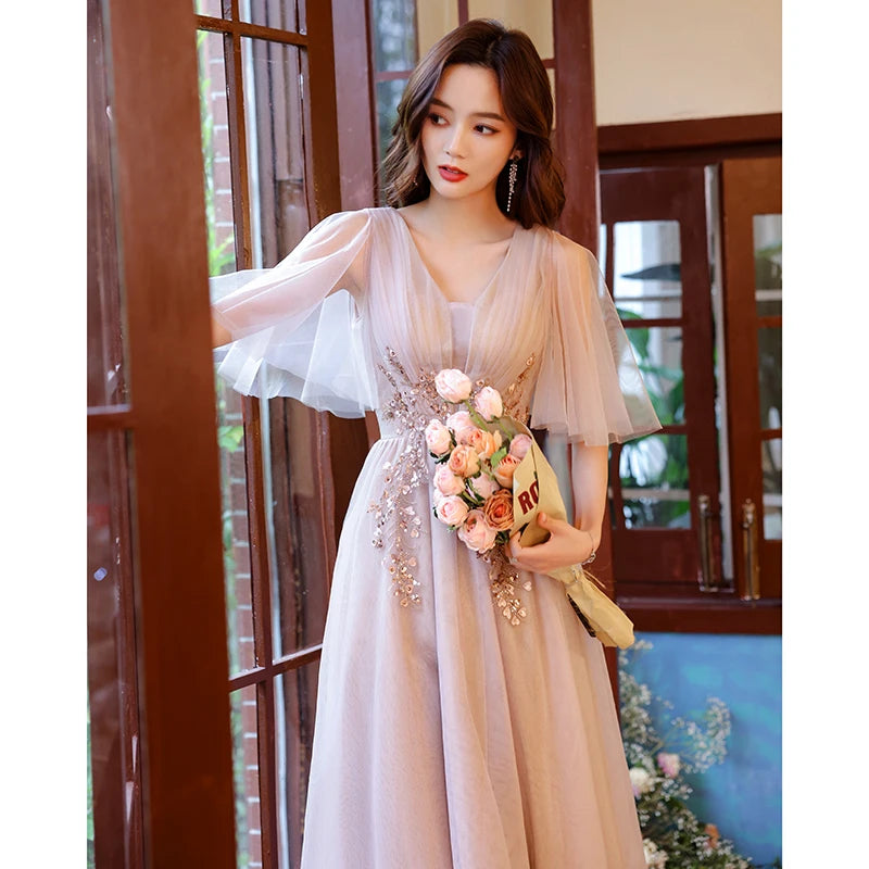 embellished bridesmaid maxi dress Elegant Tulle V-neck Floral Embellished Bridesmaid Maxi Dress